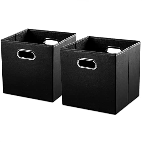 PRANDOM Leather Foldable Cube Storage Bins 13x13 inch [2-Pack] Fabric Storage Baskets Cubes Drawer with Cotton Handles Organizer for Shelves Nursery Closet Bedroom Clothes Black - color: Black, size: 13x13 in(2-Pack)