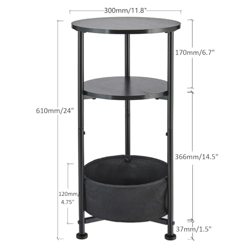 Small Round Side Table with Storage Basket, 3-Tier Narrow End Table Nightstand for Living Room Bedroom, 11.8" Diameter Modern Bedside Table for Small Spaces, Wood Grain & Metal Frame (Black) - color: Black