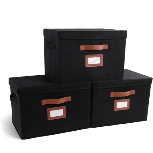 3 Pack Large Fabric Storage Boxes with Lids (15.75" x 11.25" x 11.25") - Decorative Bin with Lid, Label Holder, Faux Leather Handles - Large Storage Boxes for Organizing Clothes, Blankets - Black - color: Black