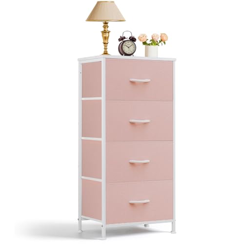 Nightstand, 4 Drawer Dresser End Table Bedside Furniture with Wooden Top Steel Frame Fabric Bins for Bedroom, Closet, Entryway, Dorm, Living Room, Pink - color: Pink, size: 11.8"D x 17.7"W x 37.4"H (4 Drawers)