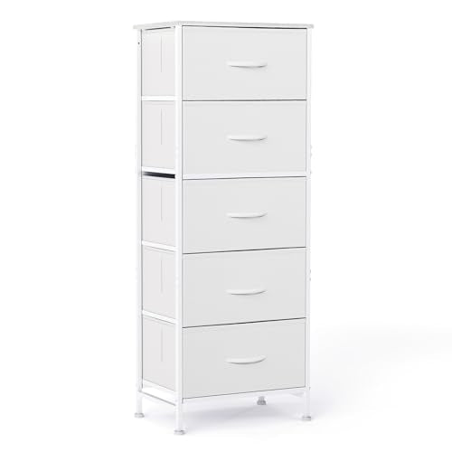 DUMOS Nightstand with 5 Drawers Bedside Table with Removable Fabric Bins Sturdy Steel Frame Wood Top Organizer Furniture for Bedroom Closet Living Room, White - color: White, size: 15.69"W x 11.8"D x 47.7"H(5 Drawers)