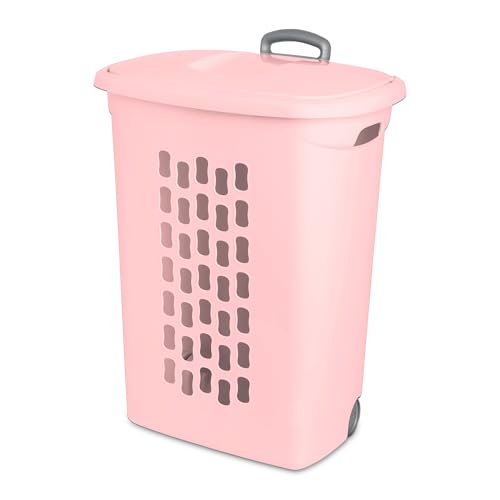 Sterilite 3 Pack Ultra Wheeled Hamper, Plastic Laundry Basket Clothes Bin with Wheels, Flip Top Lid and Retractable Handle, Pink Frost - color: Pink Frost