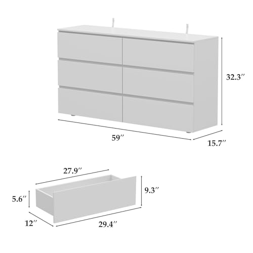 FAMAPY 6 Drawer Dresser for Bedroom, Sturdy Wooden Chest of Drawers with Wide TV Stand Surface, Minimalist Handle-Free Design, Double Dresser Cabinet White 59”W x 15.7”D x 32.3”H - color: White-upgraded
