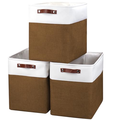 Bagnizer Large Fabric Storage Baskets | 50L Storage Bins, Decorative Linen Closet Baskets with Handles for Organizing, Shelf, Toys, Clothes, Home, Office, Nursery, 17x12x15Inches (Brown&White) - color: Brown / Off-White, size: Extra Large -17"x12"x15"