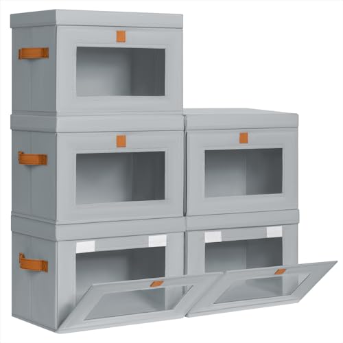 Homsorout Small Fabric Storage bins - Collapsible Storage Bins with Open Window, 5 Pack Closet Baskets for Shelves, Stackable Decorative Boxes for Home, Dorm, Grey, 13.7"x 9.8" x 9.8" - color: Grey, size: Small - 5 Pack