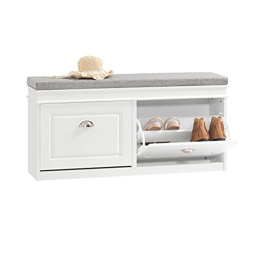 SoBuy White Storage Shoe Bench with 2 Flip Drawers, Hidden Shoe Bench, Free Standing Shoe Rack, Shoe Cabinet, Hallway Storage Bench with Seat Cushion FSR64-W - color: White, size: 2 Drawers (Long)