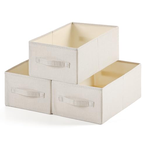 Linen Folding Storage Bins, 3 Pack Large Storage Baskets, Washable, Clothing Storage Bins with Handle, Closet Organizer for Storage Sweater,Sheets (Beige, 16"x9½"x6¾") - color: Beige, size: 16"x9½"x6¾"
