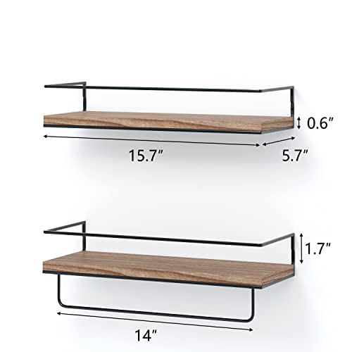Shario Rustic Wood Floating Shelves - Set of 2, Wall Mounted Hanging Shelves with Black Towel Rack, Decorative Storage Shelves for Bathroom, Kitchen, Living Room & Bedroom (Light Wood, 15.7 Inches) - color: Light Wood