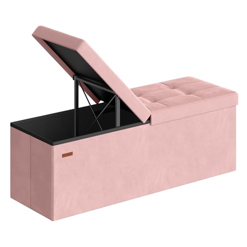 SONGMICS Mazie Collection - 43 Inches Storage Ottoman, Foldable Storage Bench with Flipping Lid, 660 lb Load Capacity, for Entryway, Living Room, Bedroom, Velvet Fabric, Jelly Pink ULSF078SA01 - color: Jelly Pink, size: 15"D x 43"W x 15"H