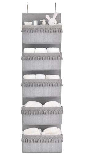 Dahey Over The Door Organizer Boho Nursery Storage Decor Closet Hanging Organizer with Tassels Decoration for Bedroom Nursery Bathroom Apartments Dorm Pantry, 5 Pockets, Grey - color: Grey, size: Large