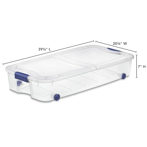 Locking 66-Quart Rolling Under-Bed Storage Container, Transparent with Secure Latched Lid in Blue