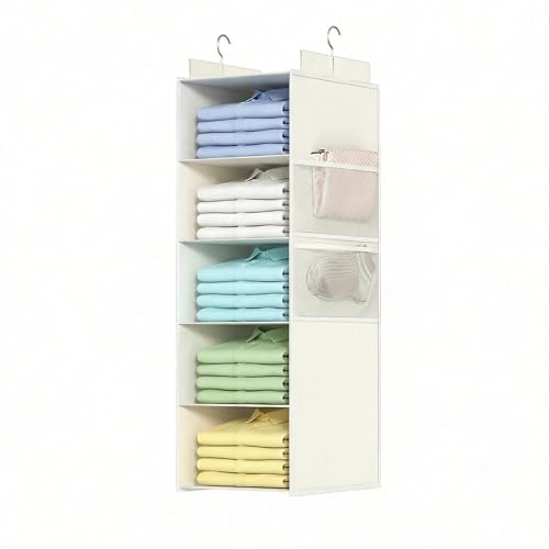 ALLTIDYUP Extra Deep Hanging Closet Organizers and Storage, 5-Tier Closet Hanging Organizer with 4 Mesh Pockets, Heavy-Duty Closet Shelves for Clothes and Hats, Ideal for Dorms and RVs, 1-Pack, White - color: White, size: 5 Tier