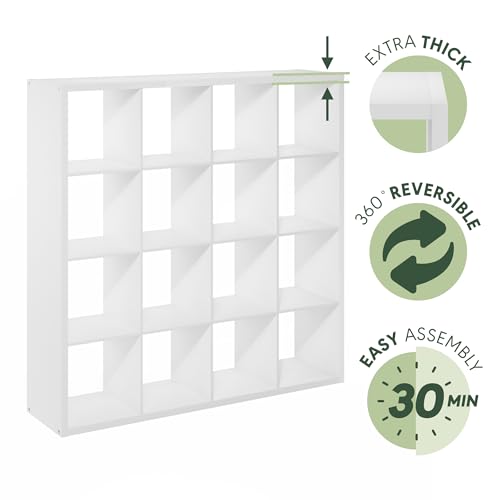 Furinno Cubicle Book Shelf, 16-Cube Bookshelf, Extra Thick Frame Reversible Tall Wide Bookcase with Open Back, 14.6 x 57.8 x 58, for Living Room, Bedroom, Home Office, Plain White - color: Plain White, size: 16-Cube