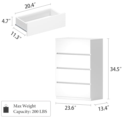 4 Drawer Dresser for Bedroom Closet, Tall Wood Chest of Drawers, Modern White Nightstand for Clothes, Small Dressers with Smooth Drawers, Space-Saving Storage - color: White, size: 13.4"D x 23.6"W x 34.5"H (4 Drawers)