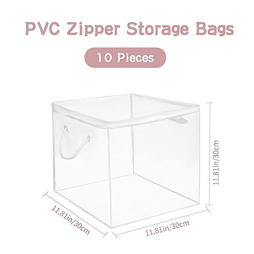 10-Pack Clear Zippered Storage Bags with Handles, Two-Way Zipper Foldable Closet Organizer, Bed Sheet Organizer, Plastic Storage Bin for Clothes, Towels - color: White, size: 11.81*11.81*11.81 inches