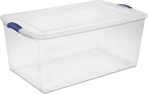 UlovelyM 105 Qt. Latch Box Plastic Storage Bin Tote Organizing Container With Durable Lid, Stackable and Nestable Snap Lid Plastic Storage Bin, 1 Pack, Clear With Blue Buckle