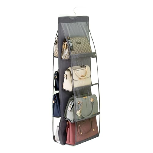 HAN SHENG 8 Pockets Clear Handbag & Purse Organizer Hanging Bag Storage - Space Saving Hanging Shelf for Closet, Wardrobe, Over Door (1 Pack, Grey) - color: Grey, size: 8 Pockets-1pc