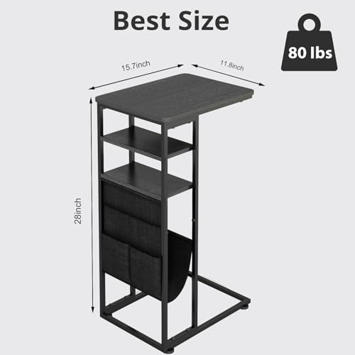 C Shaped End Table 28"(H) 3-Tier C Table with Storage Bag, Under Couch Table C-Shaped End Table with Storage Shelves and Bag for Living Room, Bedroom, or Office - color: Black, size: Wood