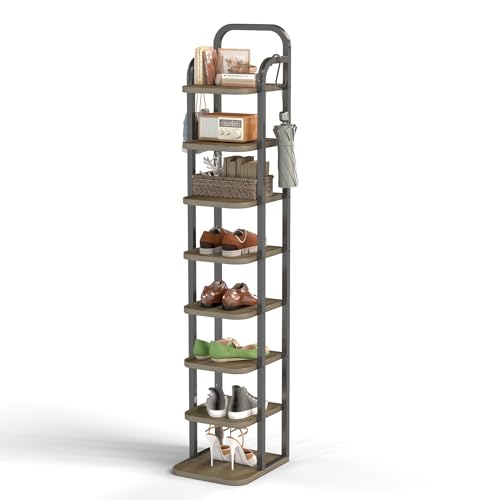 ITEFDTUTNE 8 Tiers Vertical Shoe Rack, Narrow Shoe Tower Adjustable Shelves Wooden Tall Rack with 2 Hooks, Corner Storage Organizer for Small Spaces, Entryway, Living Room, Rustic (Light Brown) - color: Light Brown-8 Tiers
