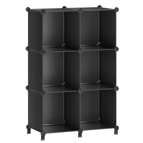 SONGMICS 6 Cube Storage Organizer, Modular Bookshelf, DIY Closet Organizers and Storage, Plastic Stackable Shelves, 11.8 x 11.8 x 11.8 Inch Cubes, with Feet and Rubber Mallet, Black ULPC06H - color: Black, size: 11.8"L x 11.8"W x 11.8"H