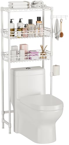 Golpart 3-Tier Over-The-Toilet Storage Shelf,Heavy-Duty Adjustable Bathroom Rack with 2 Mesh Baskets,Toilet Paper Holder & Hooks,Space-Saving Organizer for Bathroom,10”D x 24”W x 66”H,White - size: White with Baskets-10"D x 24"W x 66"H