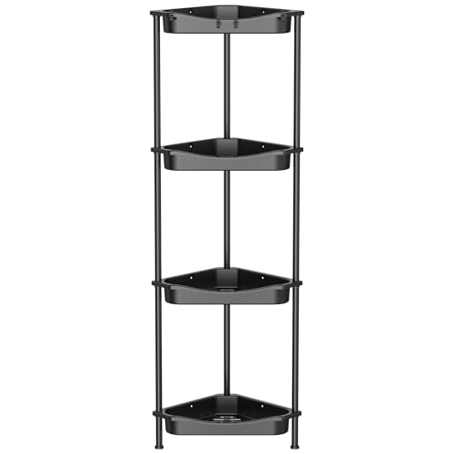 HuggieGems 4 Tier Floor Standing Corner Shower Caddy Organizer Shelf with Hooks, Bathroom Shelves Stand Rack, Jet Black - color: Jet Black, size: 4 Tier