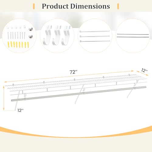 Giantex Closet Shelf with Hanging Rod, 6 ft Wall Mounted Wire Shelving Kit with Storage Shelf & Clothes Rod, Ventilated Metal Wall Shelf Organizer for Laundry Room, Closet, Bedroom, White - size: 6 ft