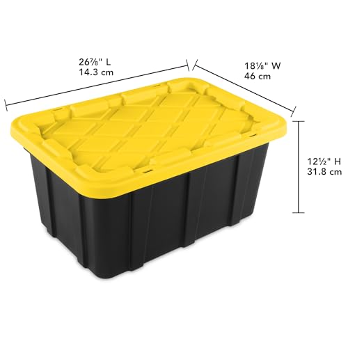 Sterilite 17 Gal Industrial Tote, Stackable Storage Bin with Snap-Fit Lid for Garage, Basement & Attic Storage, Black Base and Yellow Lily Lid, 6-Pack - size: 17 Gallon
