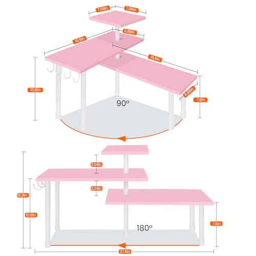 Homode 3-Tier Counter Organizer Shelf for Bathroom, Corner Shelf for Countertop, Over Sink, Make Up, Dresser Table, Desktop - Pink - color: Pink, With Hooks