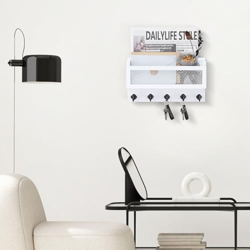 Nekon Mail and Key Holder for Wall Decorative, 11 Inch Wooden Wall Key Organizer with 5 Key Hooks, Wall Mount Storage Shelf for Entryway Hallway (White) - color: White