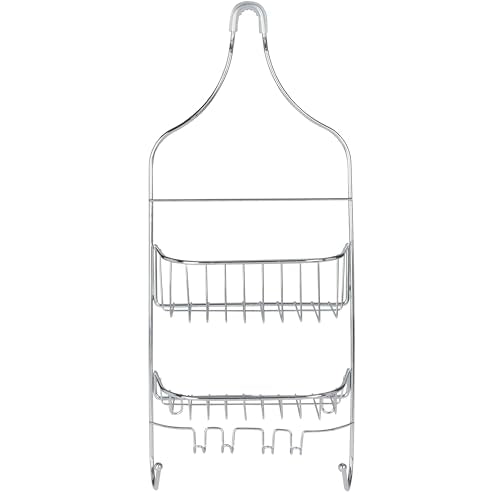 Bath Bliss Design Chrome, Resistant, 2 Tier Contoured Caddy, Over The Shower Head, Rust Proof, Bathroom Organizer with Hooks for Hanging Razor, Sponge, Shampoo Holder (Model: 4662)
