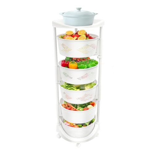 Fruit Basket for Kitchen, 5 Tier Circular Rotating Basket Large Storage Rack with Wheels, Standing Shelf Storage, Multi-Layer Storage Shelves with Top Lid for Living Room, Office, White (5-Tier) - size: 5-Tier