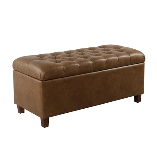 Homepop Home Decor | Button Tufted Storage Bench | Ottoman Bench with Storage for Living Room & Bedroom, Distressed Brown Faux Leather - color: Distressed Brown Faux Leather
