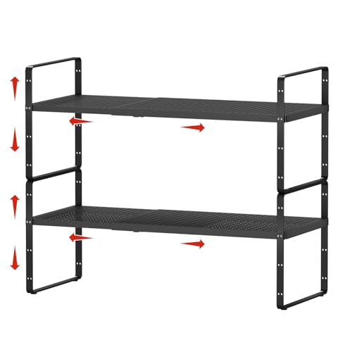 2Pack Expandable Cabinet Shelf Organizers, Stackable Metal Shelves Extender for Kitchen Countertop Storage, Adjustable Spices Shelves Rack Stand for Cupboard Pantry, Black - size: 2Pack-Special-8''Wx(16.5-27'')Lx9.6''H-Black