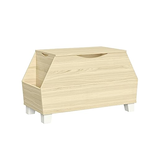 RiverRidge Kids Catch-All Collection Toy Box with Side Book Shelves Child-Safe Toy Storage Organizer with Childrens Bookshelf Side Slots for Kids Game and Book Storage - Light Woodgrain - color: Light Woodgrain