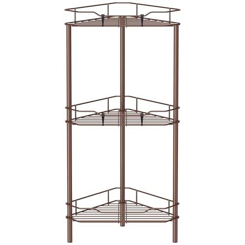 HuggieGems 3 Tier Floor Standing Corner Shower Caddy Organizer Shelf with Hooks, Bathroom Shelves Stand Rack, Coffee - color: Coffee, size: 3 Tier