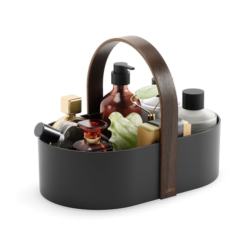 Umbra Bellwood Caddy, Organizer Bin for Makeup and Cosmetics, Durable Lightweight Container with Wooden Handle and Removable Dividers, Small Black/Walnut - color: Black/Walnut, size: Small