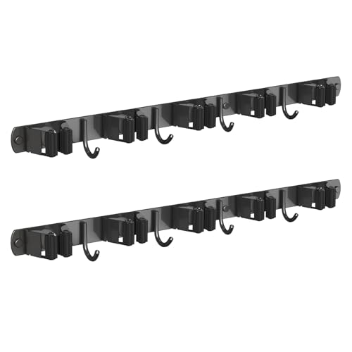 CUXIXA 2 Pack Mop and Broom Holder Wall Mount, Non-slip Broom Hanger Wall Mount, Heavy Duty Mop Broom Organizer for Kitchen Garden Garage Laundry Room Wall Decor Organization and Storage Black 5R4H - color: Black, size: 2Pack 5R4H