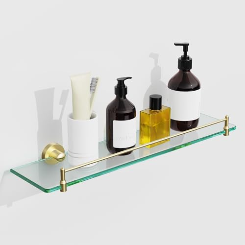 20 Inches Glass Shelves for Bathroom, Brushed Gold Floating Glass Shelf Stainless Steel Tempered Glass Bathroom Shelves for Wall Mount Modern - color: Brushed Gold, size: 20"with railing