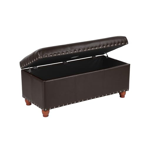 HomePop Espresso Faux Leather Storage Cocktail Bench with Nailhead Trim - color: Espresso Brown