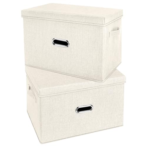 Large Linen Fabric Foldable Storage Bins with Removable Lid and Handles, Washable Storage Box Organizer Containers Baskets Cube with Cover for Bedroom,Office(Cream, XXL(2-Pack)) - color: Cream, size: XXL(2-Pack)