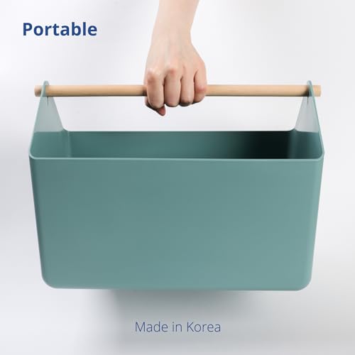 BLUE GINKGO Large Storage Basket – Plastic Caddy with Wooden Handle for Bathroom, Pantry, or Cleaning Supplies (Green) - color: GREEN, size: Large