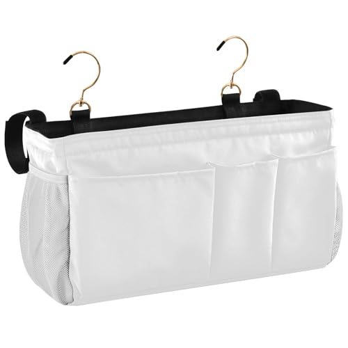 White Bedside Caddy Storage Bag Bedside Organizer for Bunk Bed Headboards College Hanging Storage Organizer 6 Pockets with Hooks for Drinks Magazine Phone Holder - color: White