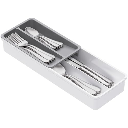 Lifewit Compact Silverware Organizer for Kitchen Drawer, Narrow Flatware Tray Holder, Plastic Cutlery Spoons, Forks and Knives Storage, White&Gray, 1 Pack - color: Gray&White