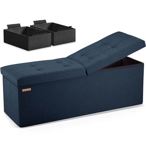 HAUSFRAU Storage Ottoman Bench with Flipping Lid, 43.3 Inches Storage Chest Footsrest, Folding Foot Stool for Entryway, Living Room, Bedroom, Linen Navy Blue - color: Navy Blue, size: 15"D x 43.5"W x 15"H