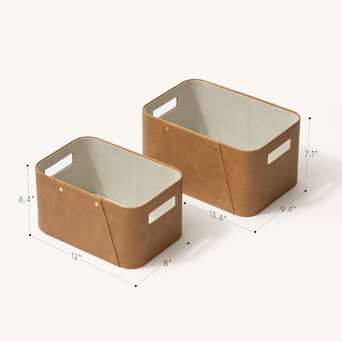 La Jolie Maison Storage Baskets for Organizing, 2 Pack, Storage Cube Boxes Luxury Brown Vegan Leather for Closet Shelf Cabinet Bookcase Camel - color: Camel