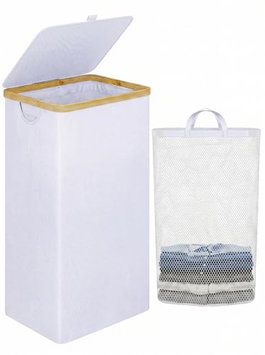 iEGrow 110L Laundry Hamper with Lid，Dirty Clothes Hampers for Laundry,Laundry Basket with Bamboo Handles and Removable Bag,Hamper for Bedroom, Bathroom, Dorm, Laundry Room, White - color: White, size: 110L