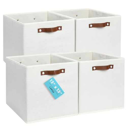 OrganiHaus 13" x 13" x 13" Cube Fabric Storage Bins Set of 4, Canvas Storage Cubes w/ Vegan Handles, 13 inch Collapsible Bins for Clothes & Toy Organizer, 13x13 Basket for Decor - White - color: Off-White, size: (13x13) Leather Handles