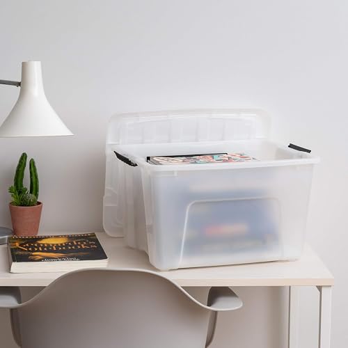 IRIS USA 40 Qt Stackable Plastic Storage Bins with Lids, 6 Pack - BPA-Free, Made in USA - Discreet Organizing Solution, Latches, Durable Nestable Containers, Secure Pull Handle - Pearl - size: 40 Qt, style: 6 Pack