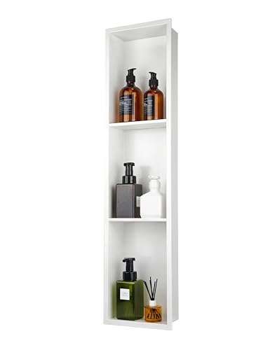 Narrow Shower Niche with Shelf，Stainless Steel recessed Wall Niche ，Three-Tier Shelves with Bathroom Storage/Remodel， Matte White （ 8"x 36"） - color: White, size: 36 * 8 in